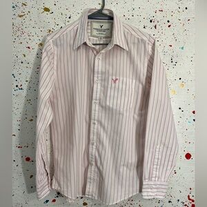 American Eagle Long Sleeve Button Up White/Pink Men's Medium Vintage Fit